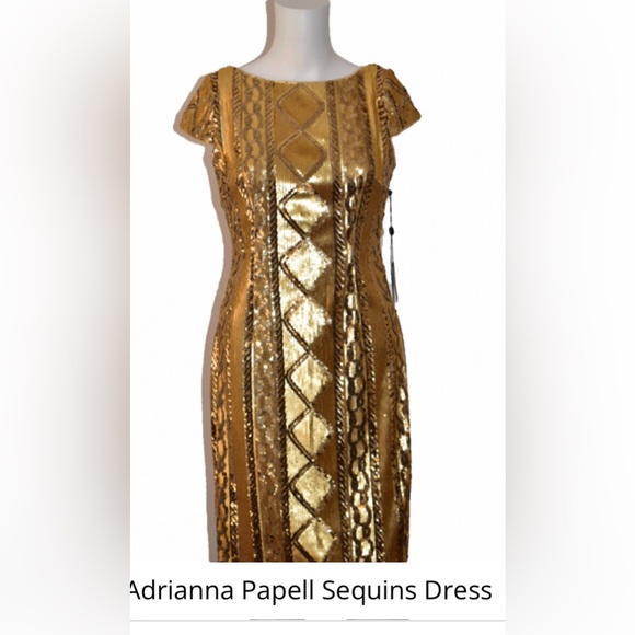 ADRIANNA PAPELL GOLD SEQUINED MINI DRESS IN SIZE 6P BACK ZIPPER WITH V CUT BACK - Picture 5 of 9